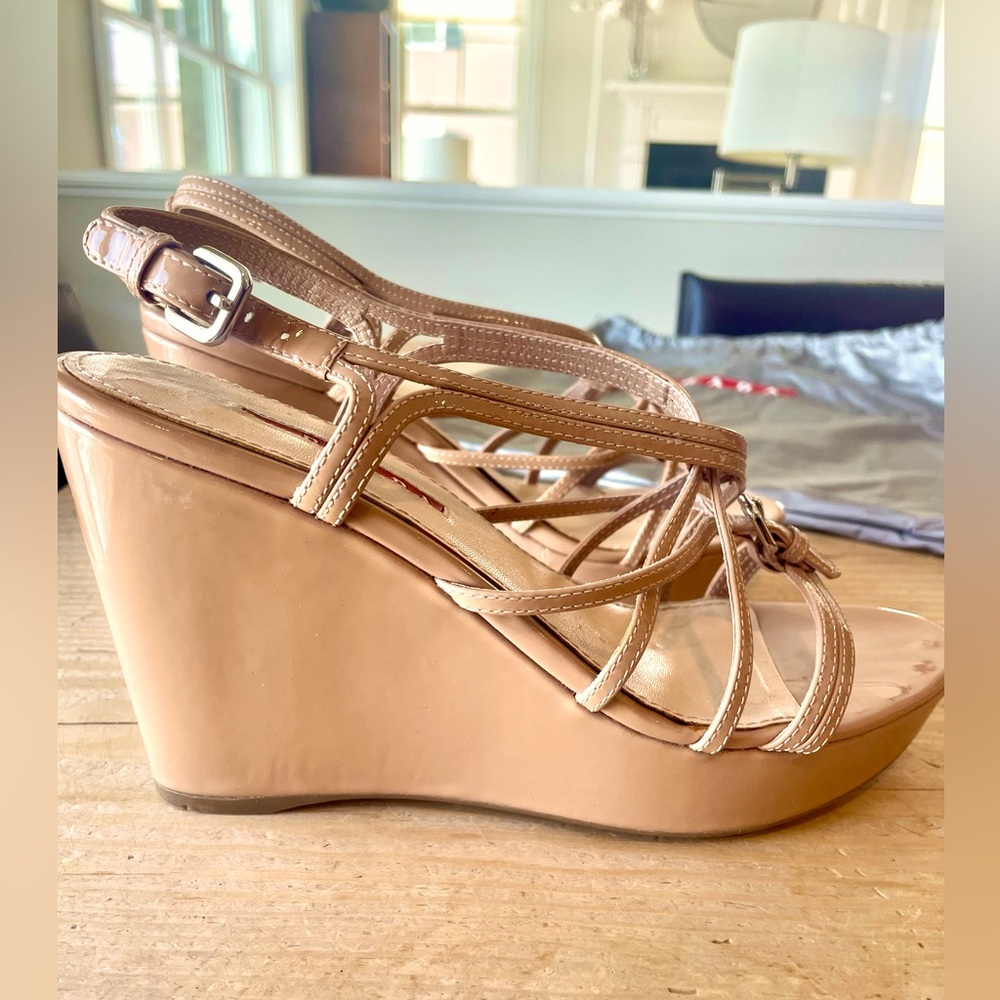 - Authentic Prada Nude Patent Leather Wedge Platf… - image 2